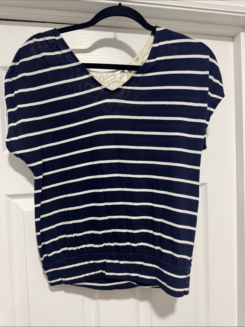Express Navy and White Striped V‑Neck Short Sleeve Top